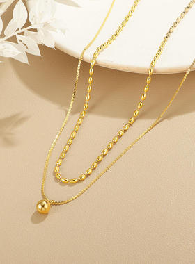 新款极简双层金珠钛钢双层项链叠戴百搭复古锁骨精致气质链女