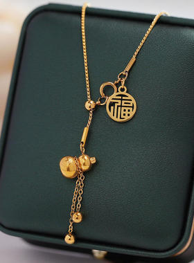 2022新款中国风福字抽拉葫芦福牌项链轻奢钛钢不掉色流苏锁骨链女