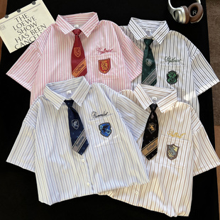 新款 哈利波特联名款 男女夏季 衬衫 宽松休闲百搭衬衣 学院风条纹短袖