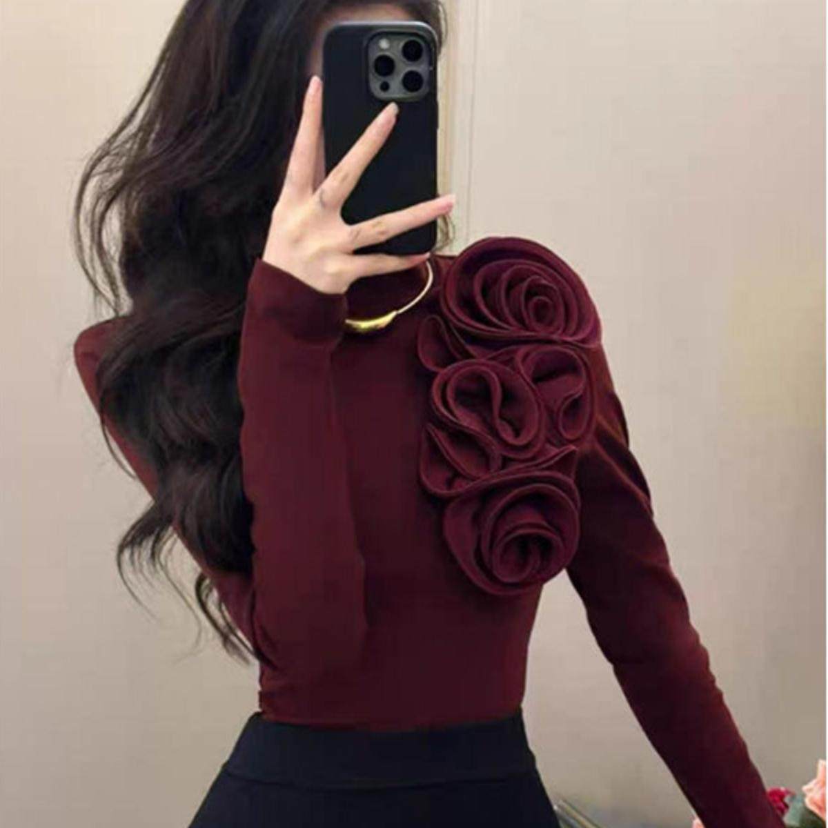 法式小众设计感立体花朵高领长袖t恤女2024冬季新款气质修身上衣