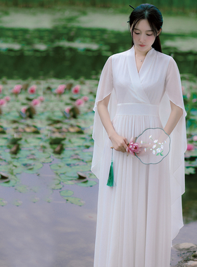 新中式轻国风连衣裙禅意女装白色小众设计茶服汉元素交领披风禅服