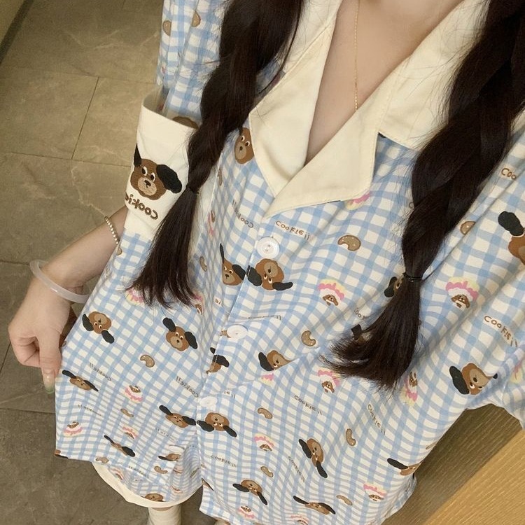 拼色格纹小狗睡衣夏天女夏季新款ins日系韩版短袖家居服套装外出