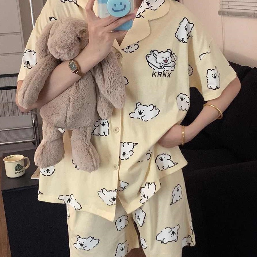 可爱线条小狗睡衣女夏季新款ins风休闲短袖短裤家居服套装可外穿