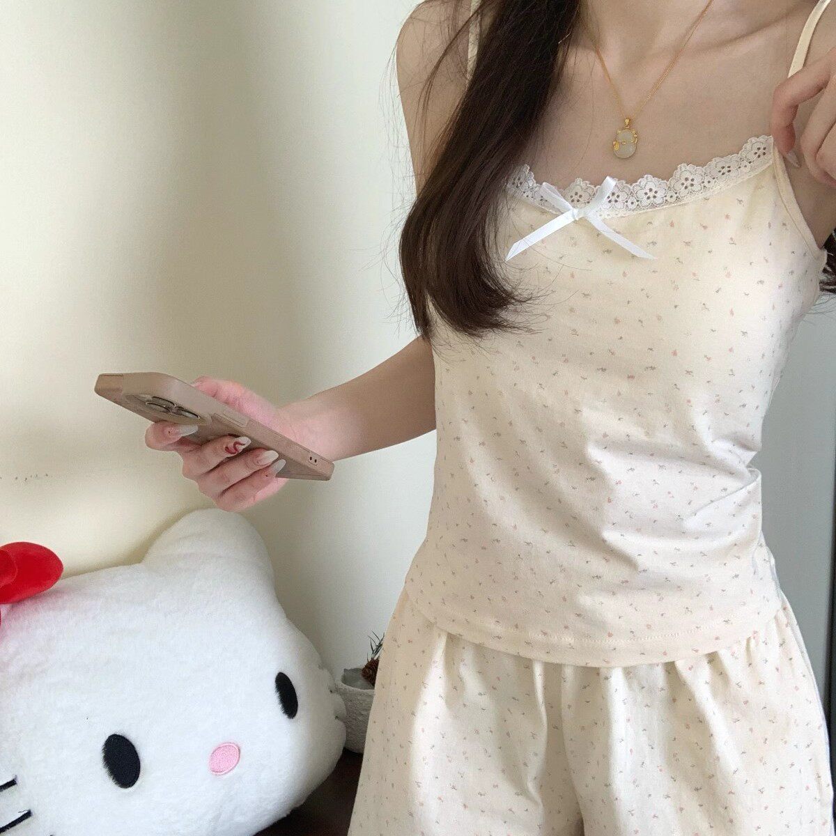 夏天纯欲风碎花睡衣女带胸垫夏季睡袍/浴袍