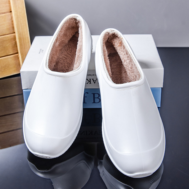 白色低帮雨鞋男女冬加绒食品厂专用浅口水鞋防水胶鞋厨房防滑雨靴