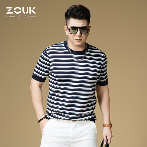 ZOUK男士短袖t恤2026新款男装潮牌条纹针织衫休闲圆领透气上衣夏