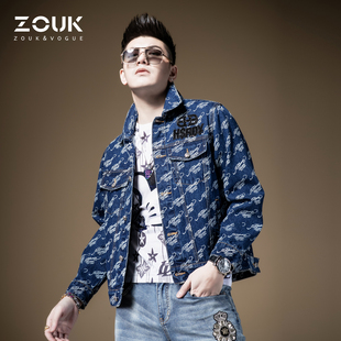 ZOUK虎头潮牌痞帅炸街外套男ins百搭烫钻印花牛仔夹克男韩版 潮流