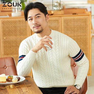 潮冬季 宽松慵懒风厚款 半高领针织羊绒条纹麻花毛衣男韩版 ZOUK男士