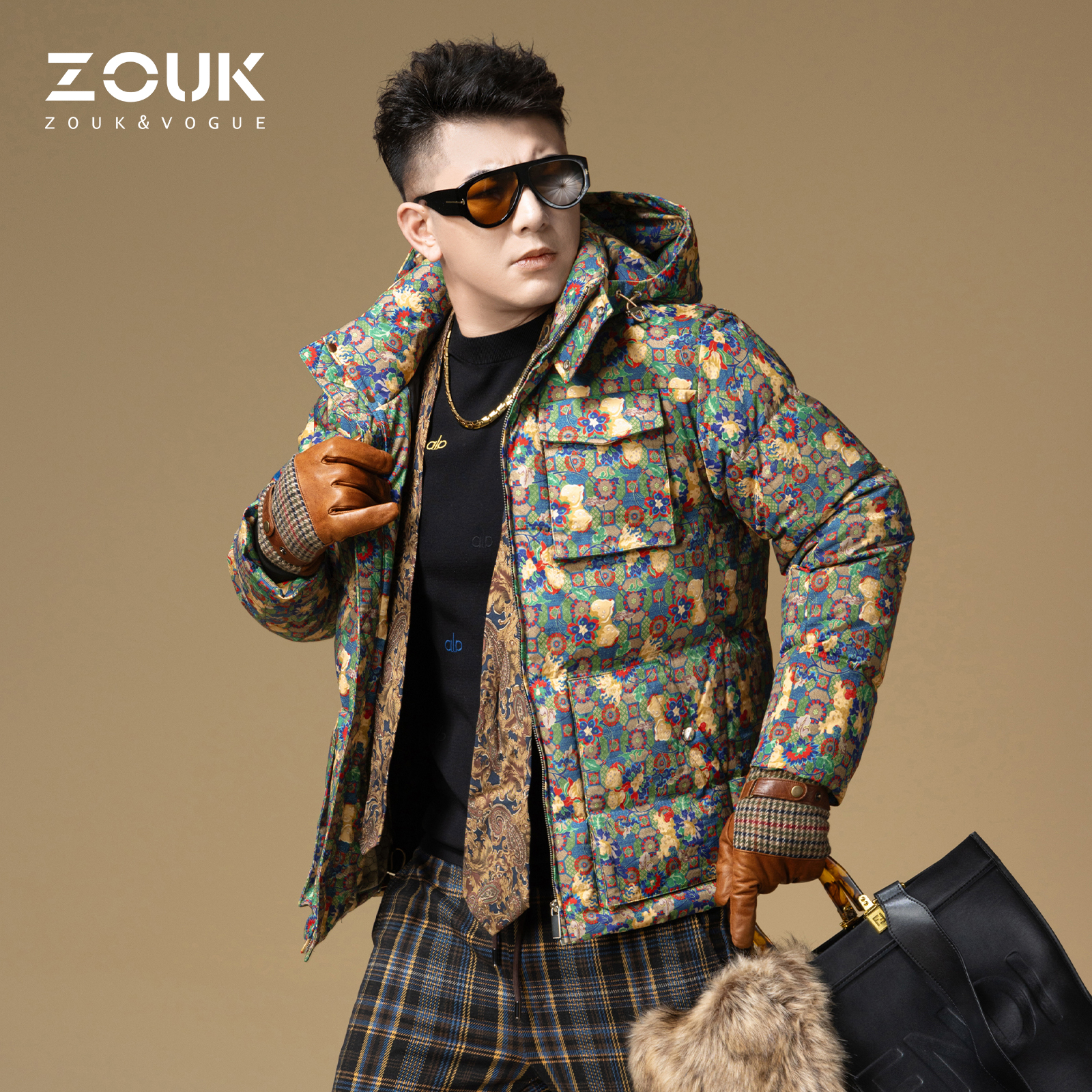 ZOUK欧货潮牌羽绒服男款冬季复古满花连帽男士外套2025新款防寒服