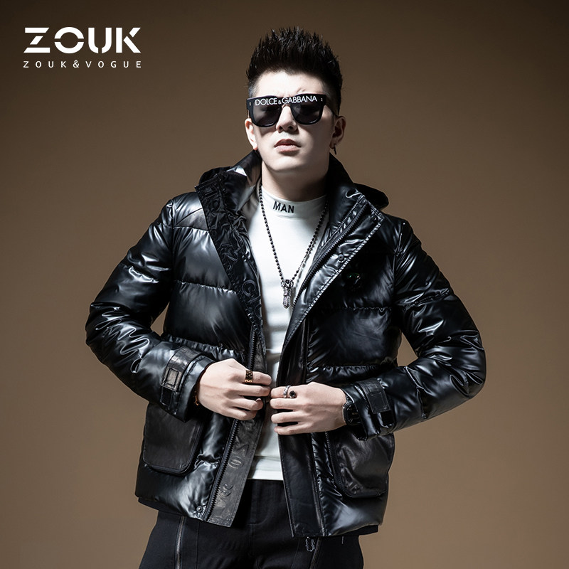 ZOUK真皮皮衣拼接亮面羽绒服男潮流牌帅气时尚高端男士保暖外套冬