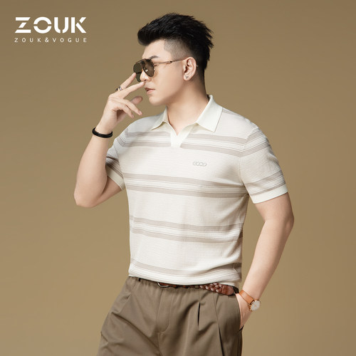 ZOUK男士polo衫海鸥领商务t恤短袖男款2026新款潮流条纹夏季上衣
