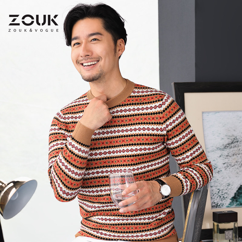 ZOUK条纹撞色毛衣男民族风圆领秋冬季修身针织羊绒衫男士长袖潮
