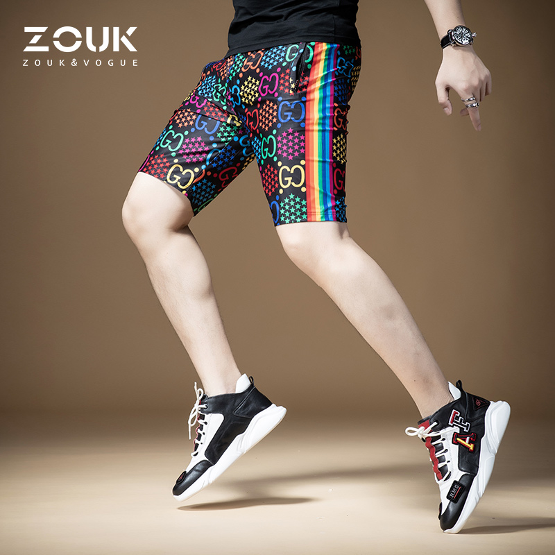 ZOUK欧美印花彩虹条纹休闲短裤男潮牌ins潮流百搭韩版五分沙滩裤