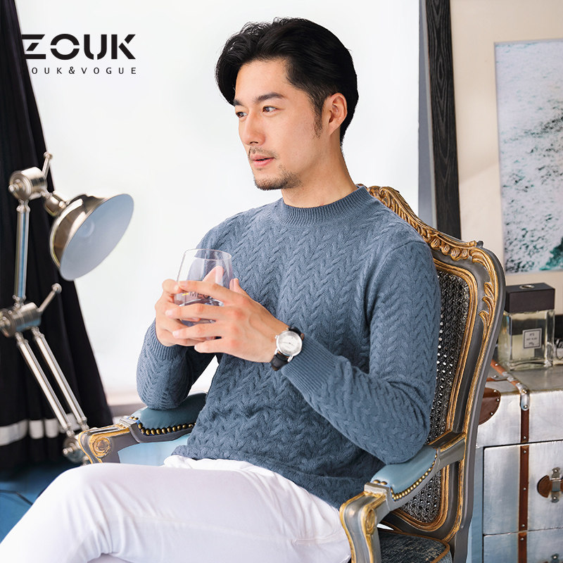 ZOUK男士中领毛衣半高领麻花编织秋冬季男长袖纯色潮流针织羊绒衫