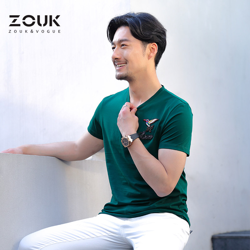 zouk男士v领飞鸟钉珠刺绣短袖纯色棉国潮流品牌夏季休闲t恤修身