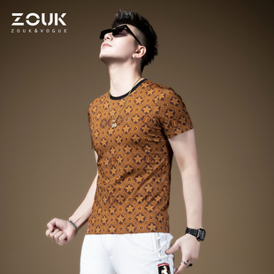 烫钻短袖 ZOUK复古小满花设计感潮牌t恤男高端欧洲站男装 2021新款