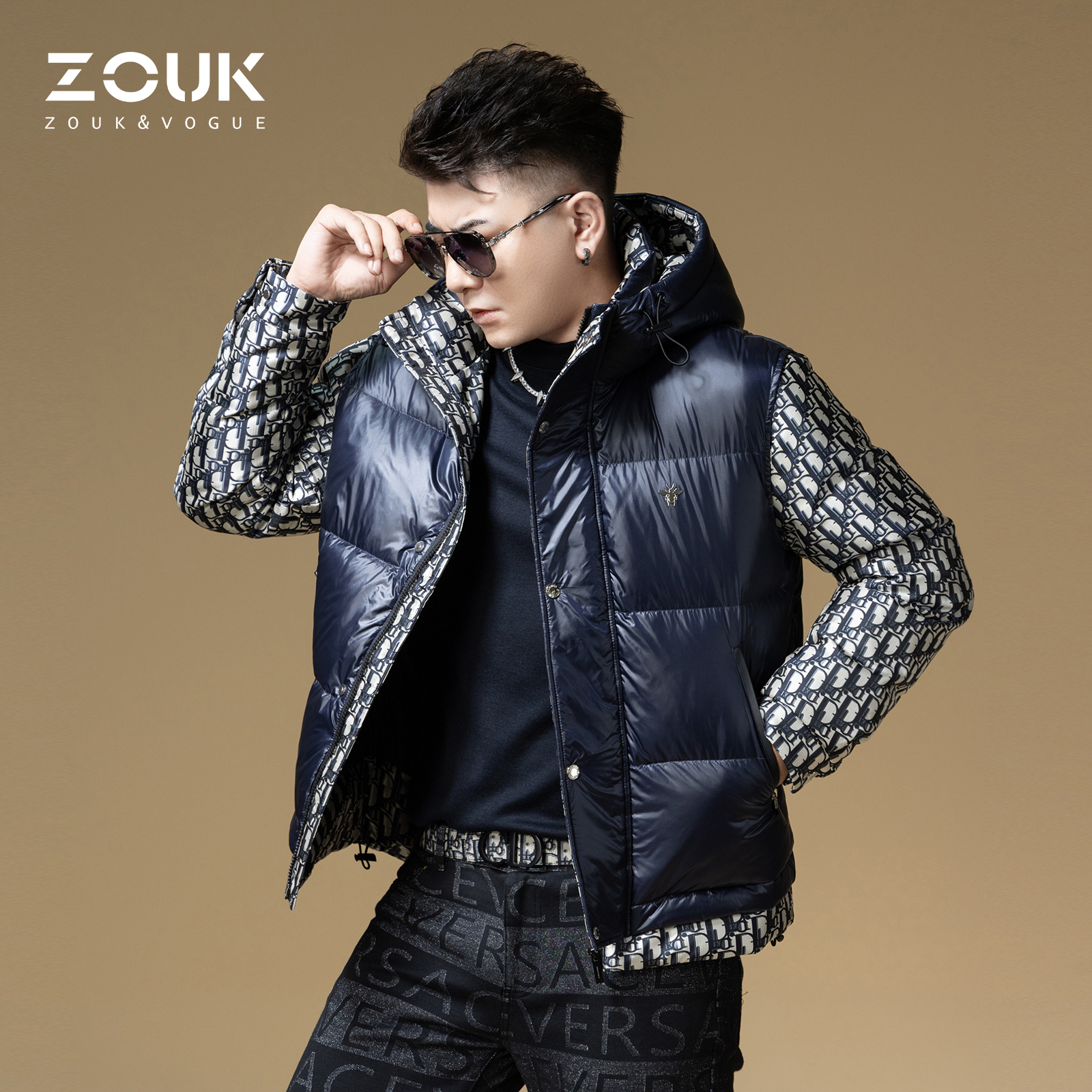 ZOUK假两件设计感羽绒服男款2025新款欧货潮牌老花拼接保暖外套冬