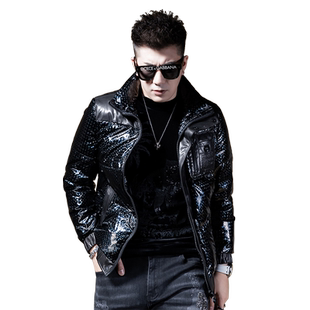 ZOUK镭射亮面潮牌皮羽绒服男2021年新款高级感外套男轻奢冬装短款