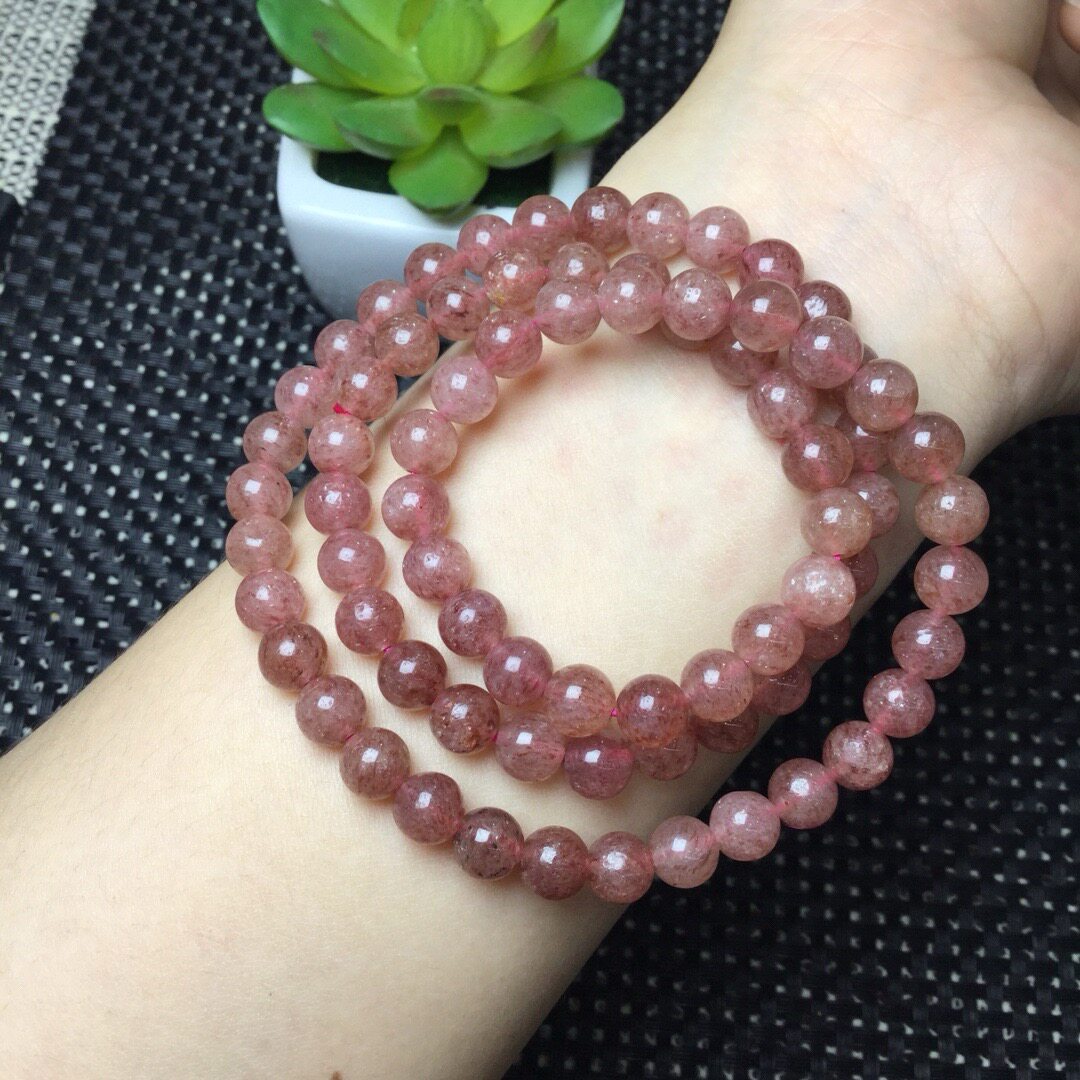 天然老矿草莓晶多圈手链水晶三圈招桃花粉晶手串女款流行饰品礼物