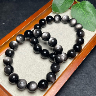 天然银曜石手链男女款单圈银耀石黑曜石猫眼手串水晶串珠饰品礼物