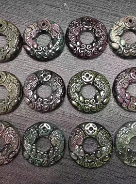 彩虹眼黑曜石双貔貅平安扣吊坠