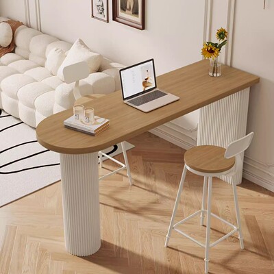 奶油实木吧台桌家用简约阳台靠窗桌高脚桌靠墙长条桌咖啡桌椅组合