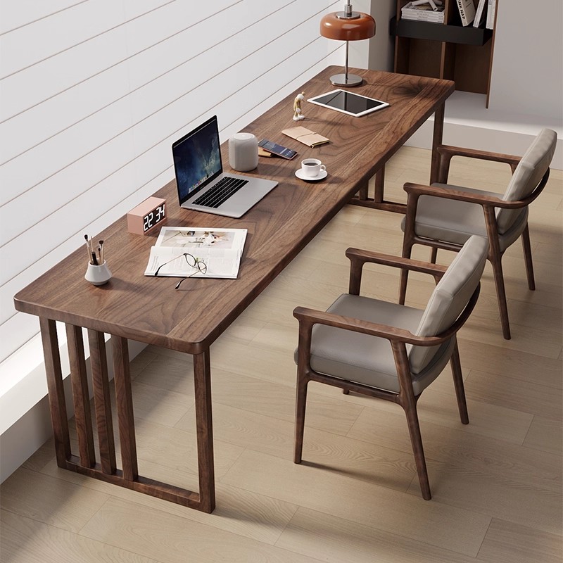 复古实木双人书桌办公桌长桌靠墙窄桌家用学习桌电脑桌写字工作台