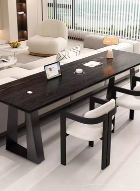 黑色实木书桌家用客厅意式极简横厅沙发后长条桌双人学习桌办公桌