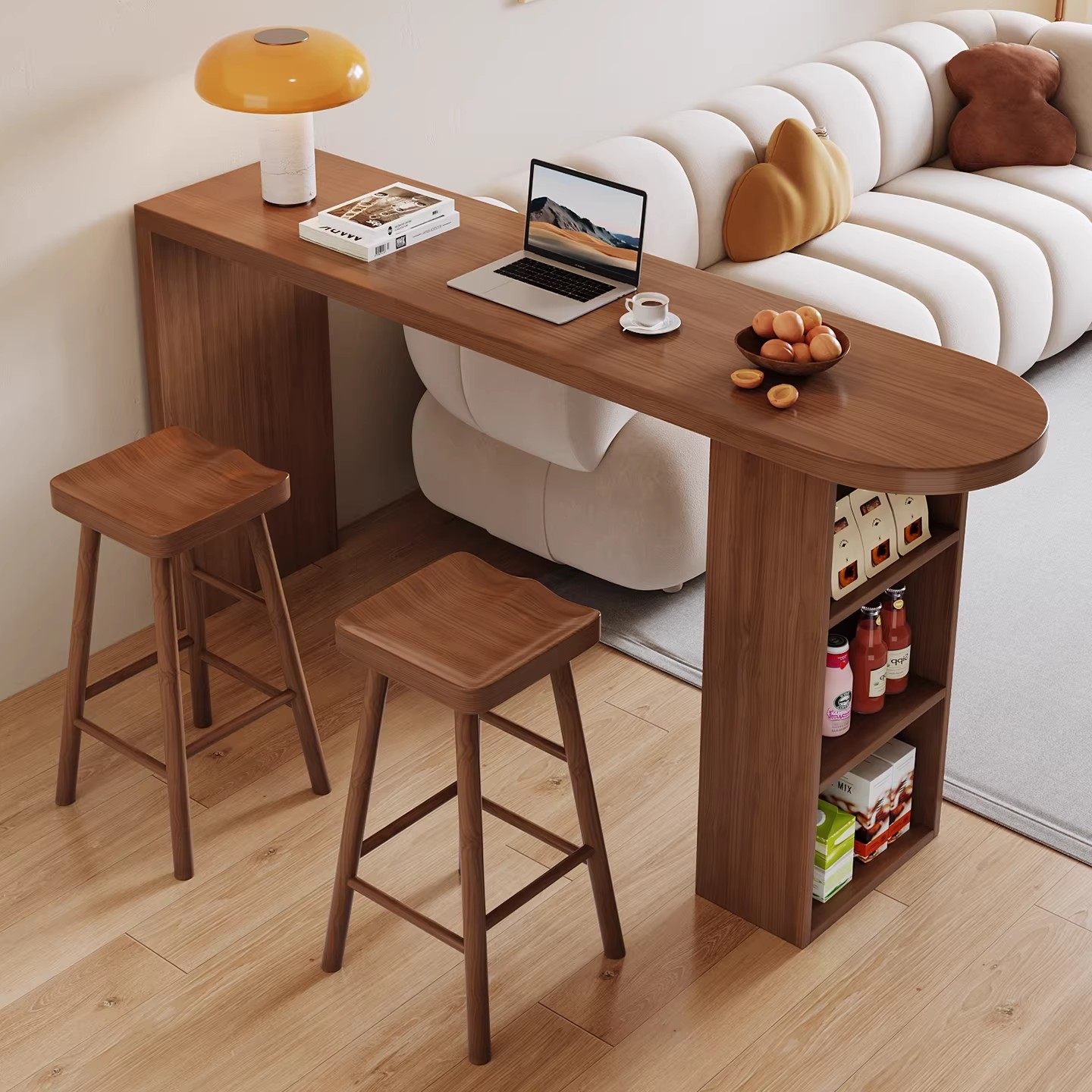 小户型实木吧台桌家用客厅靠墙高脚储物书桌一体桌现代简约办公桌