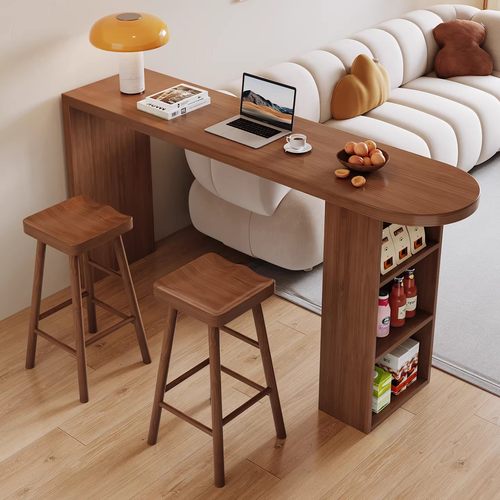 小户型实木吧台桌家用客厅靠墙高脚储物书桌一体桌现代简约办公桌