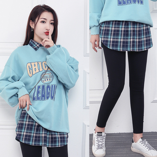 秋冬卫衣叠穿内搭打底磨毛绿格子女半身裙搭配毛衣假下摆遮胯屁帘