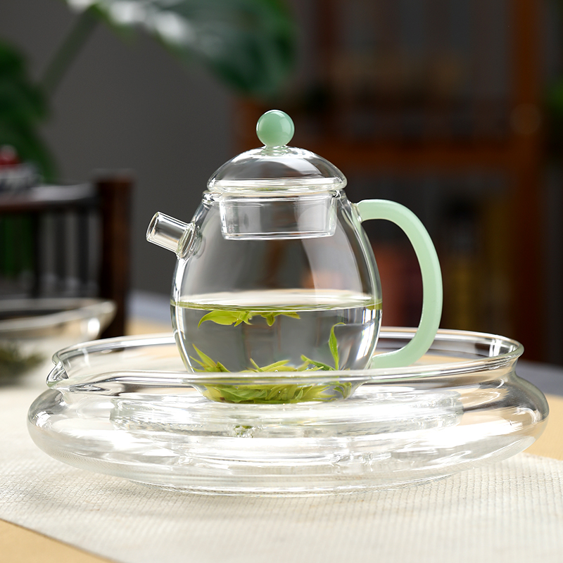 绿玉玻璃小壶家用养生泡茶壶耐热带盖花茶绿茶壶中式精致壶承茶则