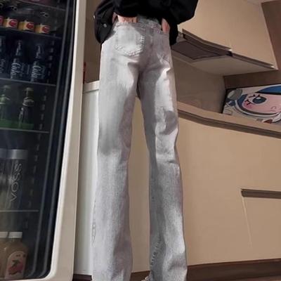 美式直筒修身烟灰色微喇牛仔裤男