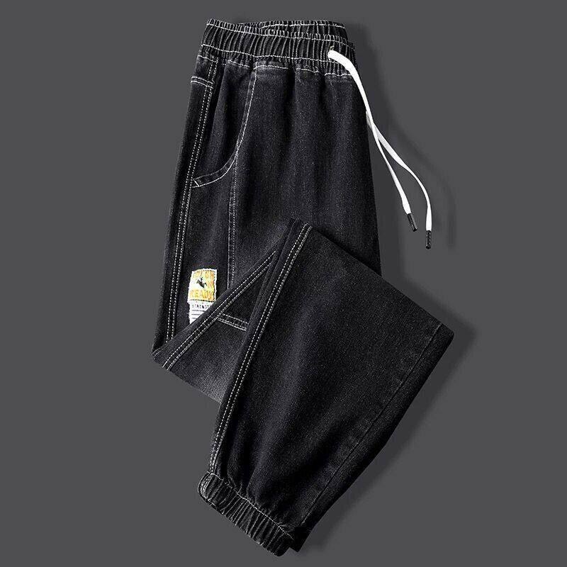 春季抽绳牛仔裤男士潮牌宽松束脚休闲九分裤2026新款春季百搭男裤