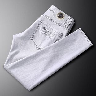 2025高端秋季浅色牛仔裤男款修身小脚裤水洗紧身显瘦春秋大码裤子