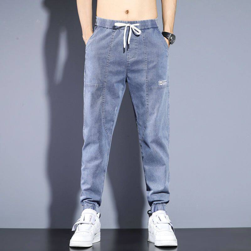 复古水洗牛仔裤男潮牌痞帅春秋季大码宽松束脚春款拼接九分工装裤