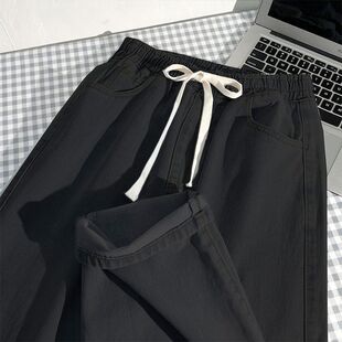 黑色松紧腰牛仔裤男女秋冬季加绒宽松直筒阔腿裤子潮流百搭长裤子