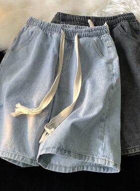 松紧腰牛仔短裤男士2024夏季薄款宽松直筒五分中裤子潮牌休闲马裤