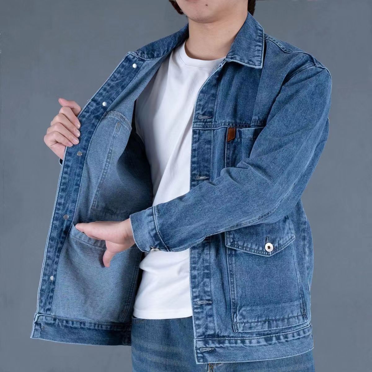 加绒加厚牛仔外套男保暖耐磨挡风冬季中年男士大码宽松牛仔衣夹克