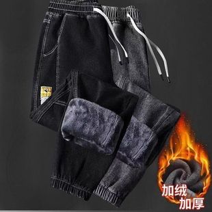 冬季新款美式潮牌加绒拼接做旧男士牛仔裤宽松休闲水洗束脚哈伦裤