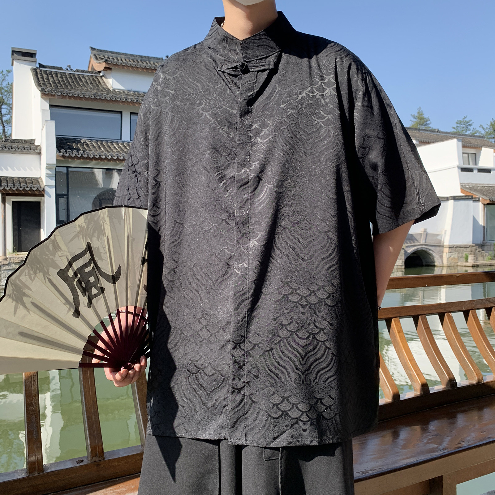 风E新中式缎面提花云海暗纹立领盘扣短袖冰丝衬衫CS70-P70控98,男装T恤,电商A005-1