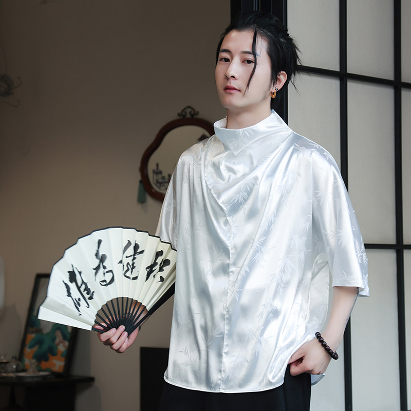 风H小高领堆堆领提花暗花小众设计树叶冰丝t恤T39-P65控88,男装T恤,电商A005-1