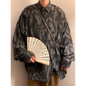 新中式风A小众设计扎染链条嘻哈暗纹盘扣衬衫t桖男CS20-P68控88图片