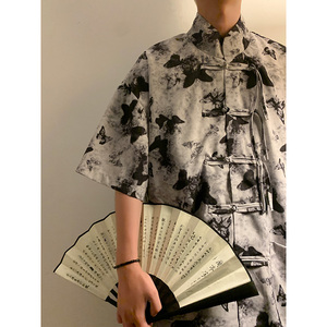 新中式I盘扣短袖衬衫男改良汉服唐装蝴蝶印花外套CS56-P65控88图片