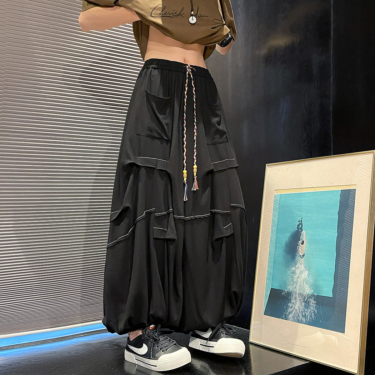 风D亚麻棉麻冰感折褶小众设计宽松阔腿裤男K229-P78控98图片
