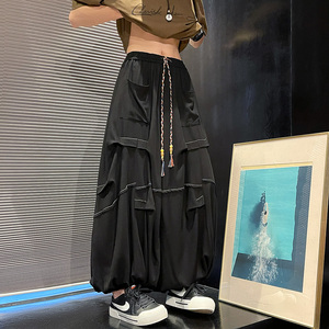 风D亚麻棉麻冰感折褶小众设计宽松阔腿裤男K229-P78控98图片