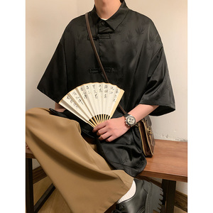 新中式B风暗黑盘扣小众树叶提花冰丝短袖衬衫男CS51-P65控88图片