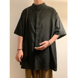 风A新中式缎面提花云海暗纹立领盘扣短袖冰丝衬衫CS70-P70控98图片