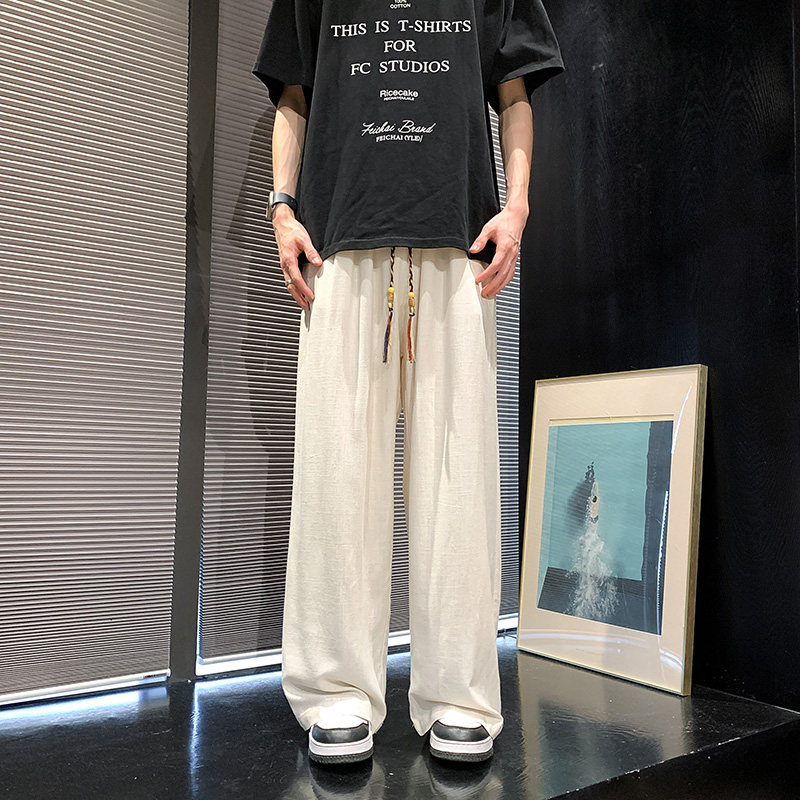 新中式A亚麻长裤男阔腿直筒裤高腰冰丝裤棉麻休闲裤K180-P65控78,男装休闲裤,电商A005-1