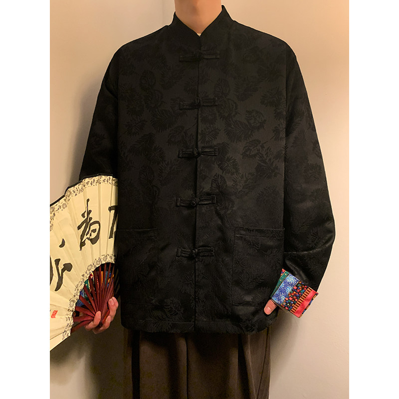 风红色衬衫春秋季高级感提花设计感盘扣唐装外套CS82-P68控88,男装衬衫,电商A005-1
